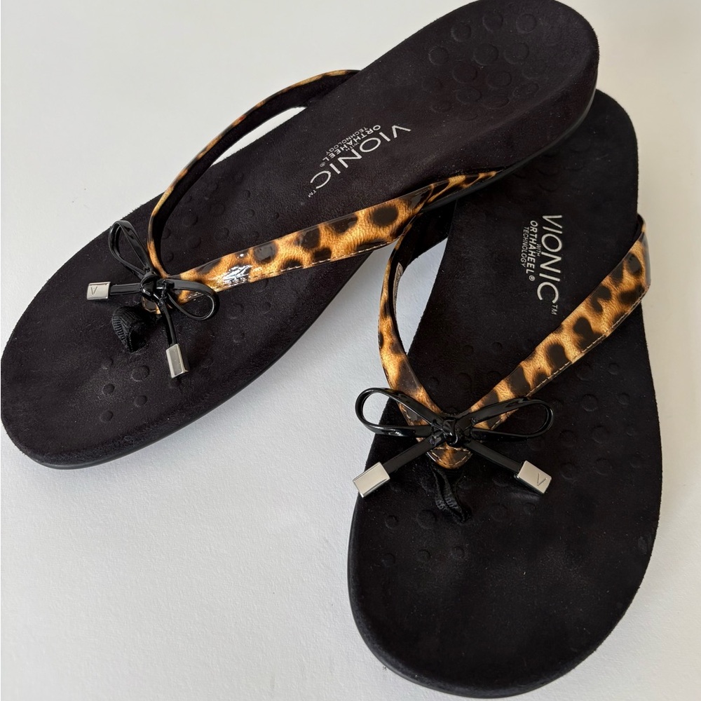 Vionic Black and Brown Sandals with Chic Animal Print